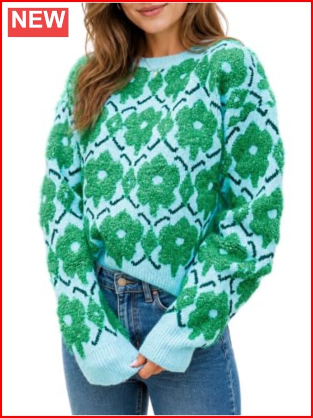 Oversized Floral Knit Pullover Sweater Crewneck Long Sleeve Women's